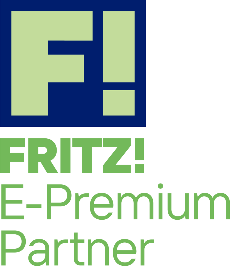 Fritz! E-Premium Partner Logo von Fritz! mit dem Zusatz "E-Premium Partner" in Blau und Grün.