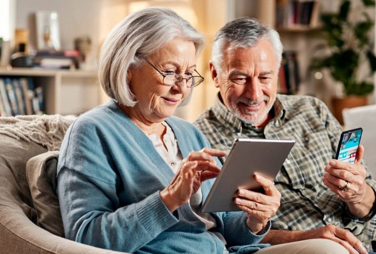 Ein älteres Paar sitzt auf einem Sofa und betrachtet gemeinsam ein Tablet und ein Smartphone.