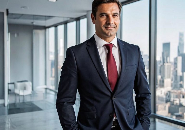 Mann in Anzug mit roter Krawatte, Stehen vor Fenster mit Stadtansicht.