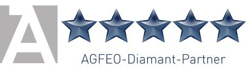 Agfeo 5-Sterne Partner Fünf blaue Sterne mit dem Text "AGFEC-Diamant-Partner" darunter.