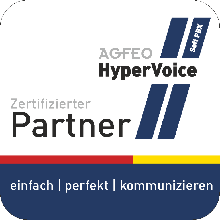 Zertifizierter Partner Agfeo HyperVoice Logo von AGFEO HyperVoice, zertifizierter Partner mit dem Slogan „einfach | perfekt | kommunizieren“.