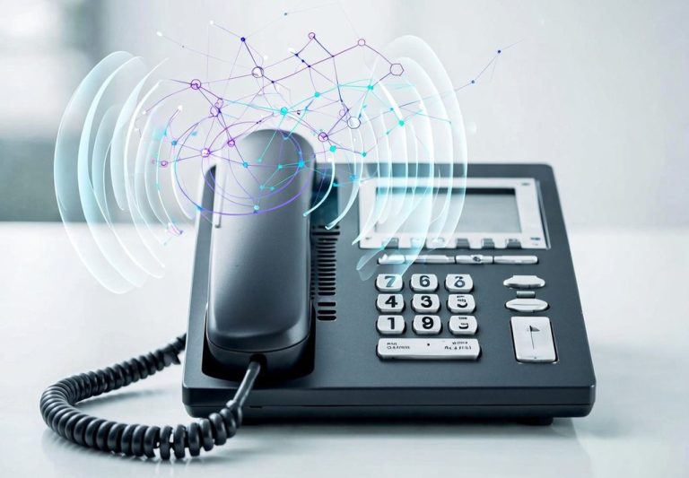 Schwarzes Telefon mit Wellenanimation, die drahtlose Kommunikation symbolisiert.