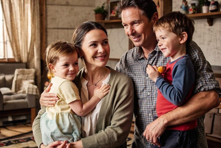Familie mit zwei Kindern und Eltern, lächeln in einem gemütlichen Raum zusammen.